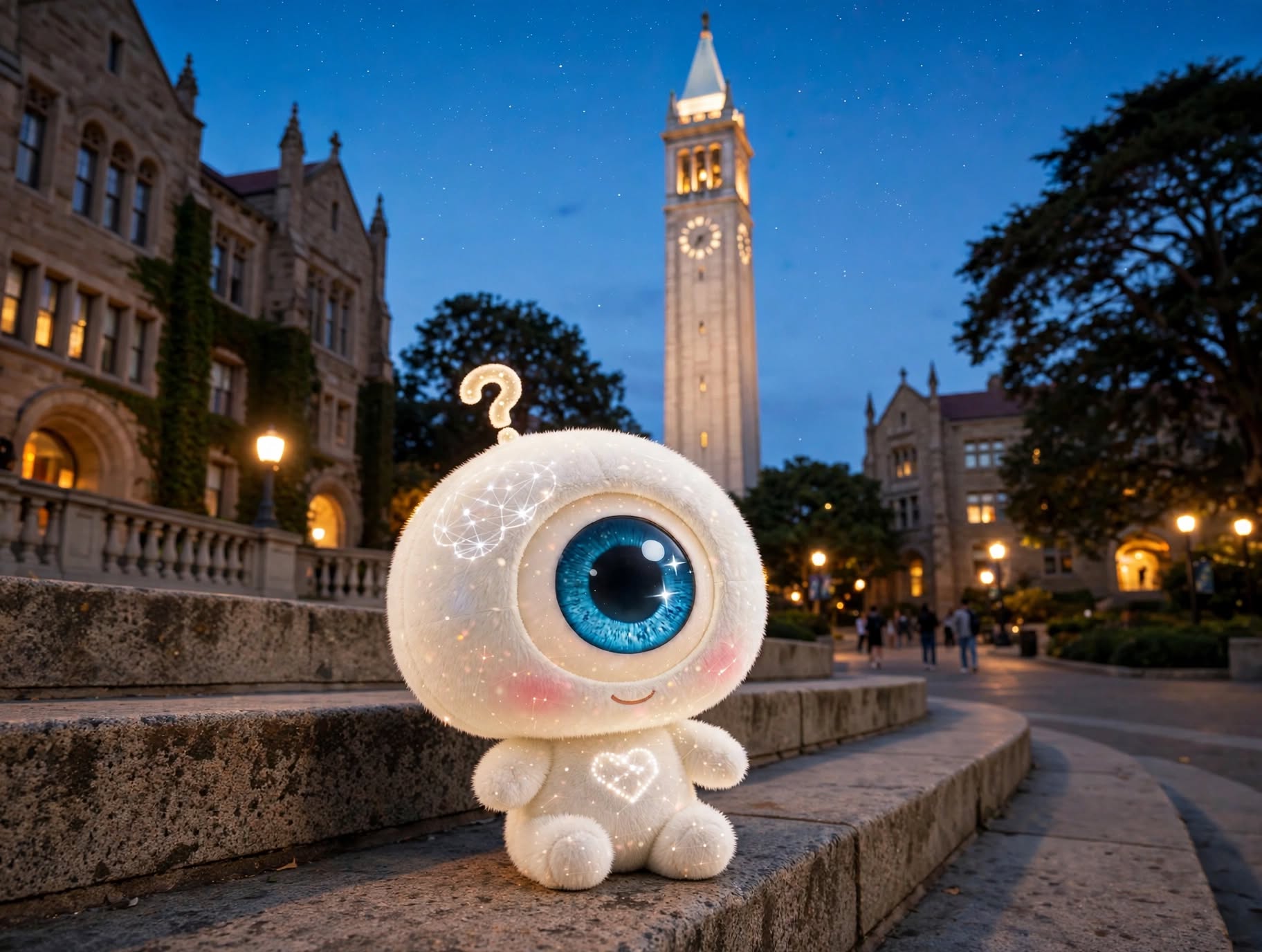 Dunno — a small, glowing, one-eyed plush creature with a head full of stars and a heart of light — sitting on stone steps at UC Berkeley at night, the Campanile lit up behind.